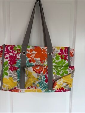 Thirty-One Floral Canvas Tote Bag with Gray Straps